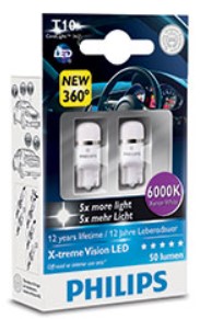 Лампочка PHILIPS 127996000KX2 T10 X-treme Ultinon LED CeraLight 360° 6000 К (к.уп.2шт.)  