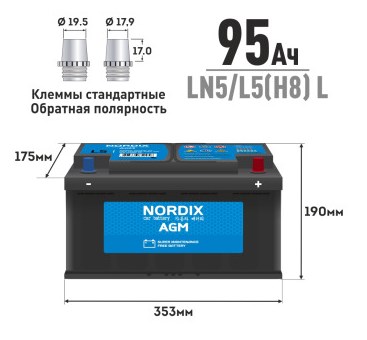 Аккумулятор NORDIX AGM 95 Ah L(обр) LN5/L5(H8) L ССА 850А 353*175*190 необслуж.